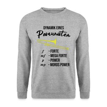 Lustiges Posaune Design, Dynamik eines Posaunisten - Unisex Pullover - Weißgrau meliert - Vorne - Alina (178cm) & Michal (187cm)