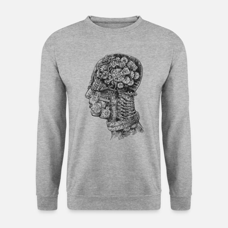 Steampunk Head CrossSection Mechanische Zahnräder Büste - Unisex Pullover - Weißgrau meliert