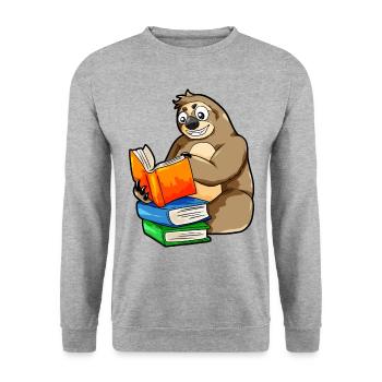 Lesendes Faultier Lesen Leseratte Bücherwurm Buch - Unisex Pullover - Weißgrau meliert - Vorne - Alina (178cm) & Michal (187cm)