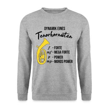 Tenorhorn Geschenk, Dynamik eines Tenorhornisten - Unisex Pullover - Weißgrau meliert - Vorne - Alina (178cm) & Michal (187cm)