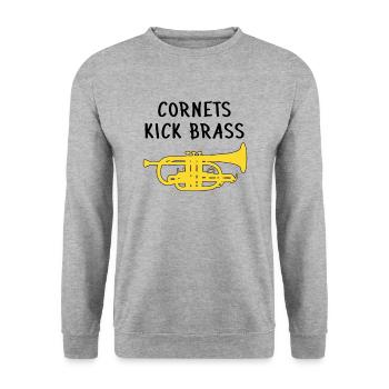 Cornet Geschenk, Cornets kick brass, lustig - Unisex Pullover - Weißgrau meliert - Vorne - Alina (178cm) & Michal (187cm)