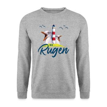 Rügen Insel Ostsee Urlaub Möwe Rüganer Geschenk - Unisex Pullover - Weißgrau meliert - Vorne - Alina (178cm) & Michal (187cm)