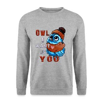 Süße Baby Eule mit Spruch - Unisex Pullover - Weißgrau meliert - Vorne - Alina (178cm) & Michal (187cm)