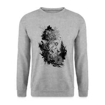 Abenteuerliches Mountainbike -Design in der Natur. - Unisex Pullover - Weißgrau meliert - Vorne - Alina (178cm) & Michal (187cm)