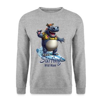 Witziges Nilpferd mit einem Surfbrett - Surfer - Unisex Pullover - Weißgrau meliert - Vorne - Alina (178cm) & Michal (187cm)