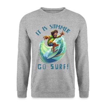 Lustiger Hippie mit einem Surfbrett - Surfer - Unisex Pullover - Weißgrau meliert - Vorne - Alina (178cm) & Michal (187cm)