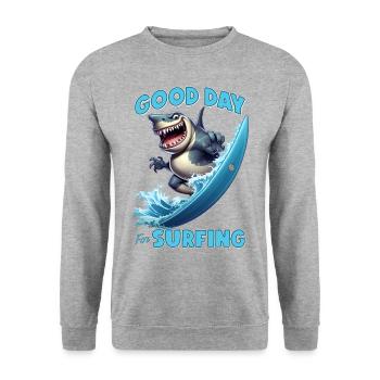 Funny shark with a surfboard - surfer - Unisex Sweatshirt - salt & pepper - Front - Alina (178cm) & Michal (187cm)