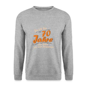 70 Jahre Geburtstag Lustige Sprüche Geschenkidee - Unisex Pullover - Weißgrau meliert - Vorne - Alina (178cm) & Michal (187cm)