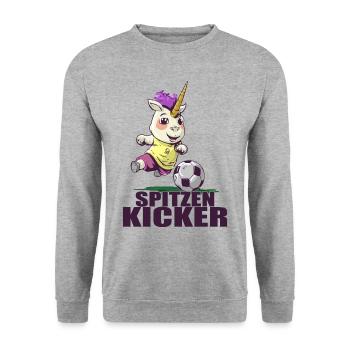 "Spitzen Kicker" - lustiges Fußball Einhorn - Unisex Pullover - Weißgrau meliert - Vorne - Alina (178cm) & Michal (187cm)