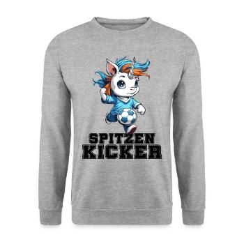"Spitzen Kicker" - lustiges Fußball Einhorn - Unisex Pullover - Weißgrau meliert - Vorne - Alina (178cm) & Michal (187cm)