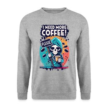 Skeleton Skull I NEED MORE COFFEE Coffee Saying - Unisex Sweatshirt - salt & pepper - Front - Alina (178cm) & Michal (187cm)