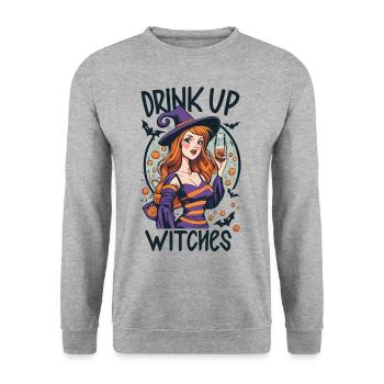 Lustiger Halloween Spruch Drink Up Witches Hexen - Unisex Pullover - Weißgrau meliert - Vorne - Alina (178cm) & Michal (187cm)