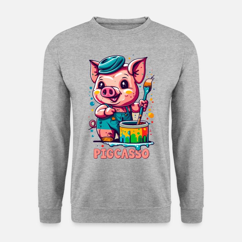 Pigcasso Lustiges Schwein Maler Kunstliebhaber - Unisex Pullover - Weißgrau meliert