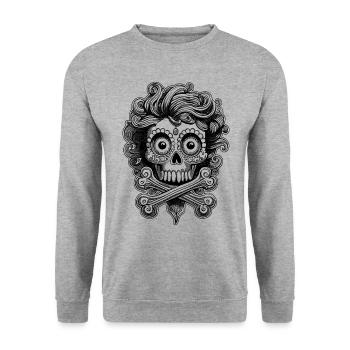 Urbane Streetwear Rebellion: Föhnfrisur Totenkopf - Unisex Pullover - Weißgrau meliert - Vorne - Alina (178cm) & Michal (187cm)