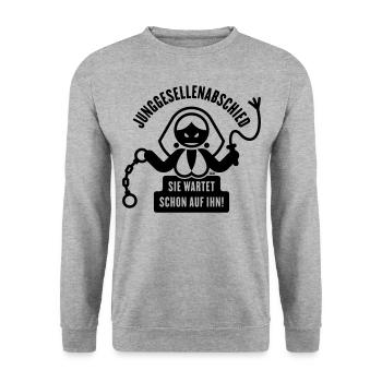 Junggesellenabschied – Sie Wartet Schon Auf Ihn! - Unisex Pullover - Weißgrau meliert - Vorne - Alina (178cm) & Michal (187cm)