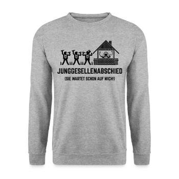 JGA – Sie Wartet Schon Auf Mich! (Haus / Black) - Unisex Pullover - Weißgrau meliert - Vorne - Alina (178cm) & Michal (187cm)