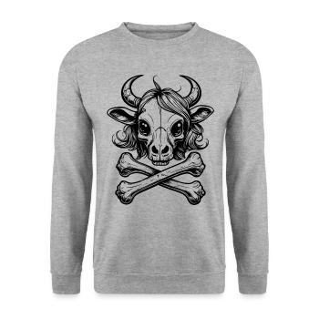 Comic-Kuh meets Rock: Totenkopf Edition - Unisex Pullover - Weißgrau meliert - Vorne - Alina (178cm) & Michal (187cm)
