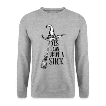 Lustiger Halloween Spruch Yes I can drive a stick - Unisex Pullover - Weißgrau meliert - Vorne - Alina (178cm) & Michal (187cm)