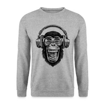 Cooles Schimpansen-Shirt für Vinyl-Fans - Unisex Pullover - Weißgrau meliert - Vorne - Alina (178cm) & Michal (187cm)