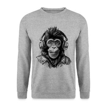 Naturschutz-Shirt mit Schimpansen für Musikfans - Unisex Pullover - Weißgrau meliert - Vorne - Alina (178cm) & Michal (187cm)