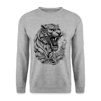 Grafisches Streetwear Tiger Shirt - Unisex Pullover - Weißgrau meliert - Vorne - Alina (178cm) & Michal (187cm)
