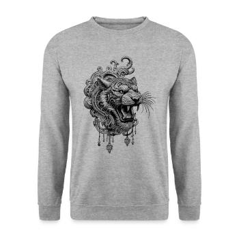 Kraftvolles Tiger-Shirt in majestätischer Pose - Unisex Pullover - Weißgrau meliert - Vorne - Alina (178cm) & Michal (187cm)