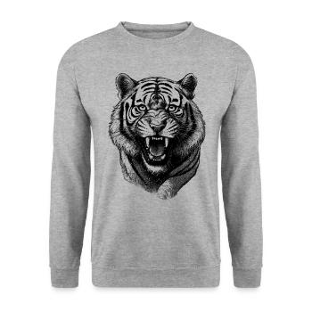 Aggressiver Tiger Shirt für Fitnessstudio - Unisex Pullover - Weißgrau meliert - Vorne - Alina (178cm) & Michal (187cm)