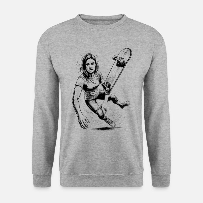 Dynamisches T-Shirt mit stürzender Skateboarderin - Unisex Pullover - Weißgrau meliert