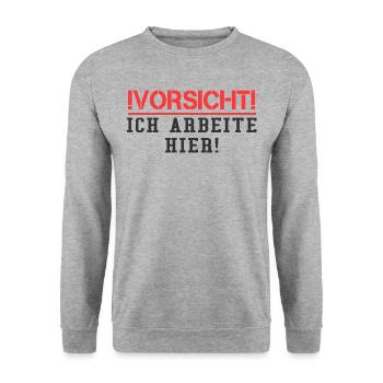 Vorsicht ich arbeite hier Spruch Büro Arbeit fun - Unisex Pullover - Weißgrau meliert - Vorne - Alina (178cm) & Michal (187cm)