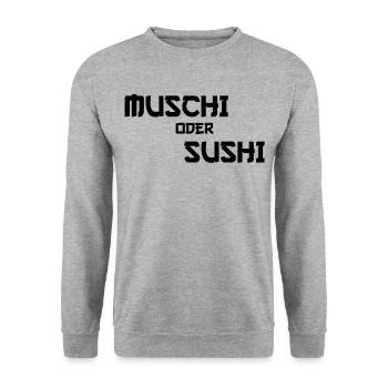 Muschi oder Sushi Erotik Urlaub Funshirt - Unisex Pullover - Weißgrau meliert - Vorne - Alina (178cm) & Michal (187cm)