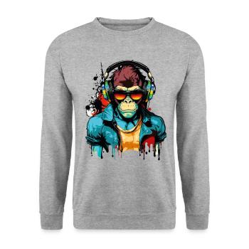 Monkey Sunglasses Headphones Music Gamer Gaming - Unisex Sweatshirt - salt & pepper - Front - Alina (178cm) & Michal (187cm)