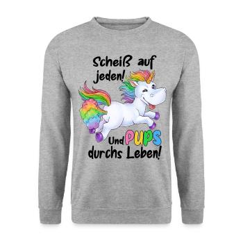 Scheiß auf jeden und Pups durchs Leben - Einhorn - Unisex Pullover - Weißgrau meliert - Vorne - Alina (178cm) & Michal (187cm)