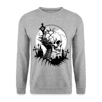 Cemetery Skull // Totenkopf Friedhof / Tod FS0110 - Unisex Pullover - Weißgrau meliert - Vorne - Alina (178cm) & Michal (187cm)