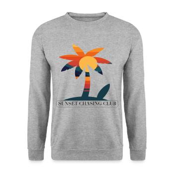 Tropisches T-Shirt: Palme und Sonnenuntergang - Unisex Pullover - Weißgrau meliert - Vorne - Alina (178cm) & Michal (187cm)