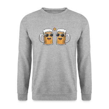 Zwei lustige Bierkrüge mit Sonnenbrille Bier - Unisex Pullover - Weißgrau meliert - Vorne - Alina (178cm) & Michal (187cm)