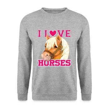j'aime les chevaux pour les filles, les garçons, le cadeau d'anniversaire pour enfants - Sweat-shirt Unisexe - gris chiné - Devant - Alina (178cm) & Michal (187cm)