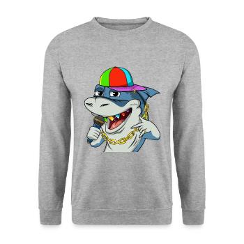 Cooler Rapper Hai mit Mikrofon #13 Cool Sharks - Unisex Pullover - Weißgrau meliert - Vorne - Alina (178cm) & Michal (187cm)