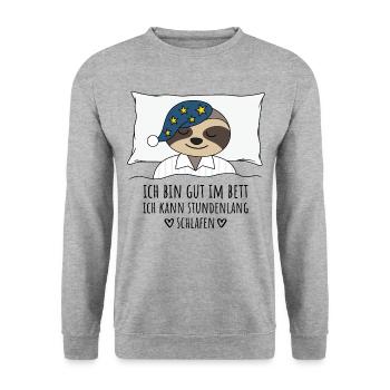 Ich bin gut im Bett stundenlang schlafen Faultier - Unisex Pullover - Weißgrau meliert - Vorne - Alina (178cm) & Michal (187cm)