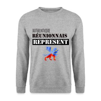 Authentique reunionnais represent Reunion Drapeau - Sweat-shirt Unisexe - gris chiné - Devant - Alina (178cm) & Michal (187cm)