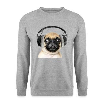 Mops mit Kopfhörer - Unisex Pullover - Weißgrau meliert - Vorne - Alina (178cm) & Michal (187cm)