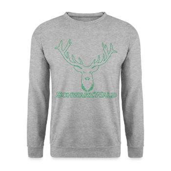 Schwarzwald Hirsch - Rand grün - Unisex Pullover - Weißgrau meliert - Vorne - Alina (178cm) & Michal (187cm)