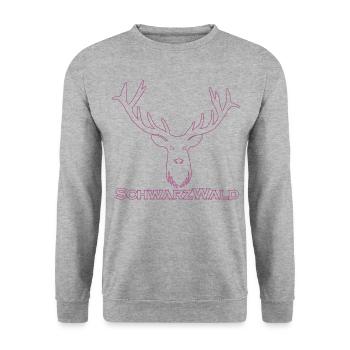 Schwarzwald Hirsch - Rand lila - Unisex Pullover - Weißgrau meliert - Vorne - Alina (178cm) & Michal (187cm)