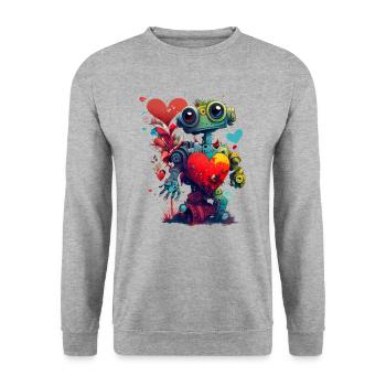 Lustiger Roboter mit Herz, Valentinstag - Unisex Pullover - Weißgrau meliert - Vorne - Alina (178cm) & Michal (187cm)