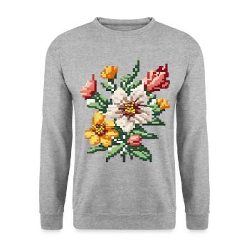 Blumen Pixel-Style - Unisex Pullover - Weißgrau meliert - Vorne - Alina (178cm) & Michal (187cm)
