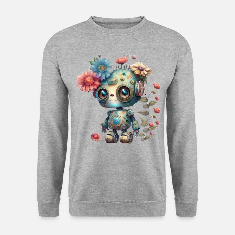 Kleiner Roboter mit Blumen - Unisex Pullover - Weißgrau meliert