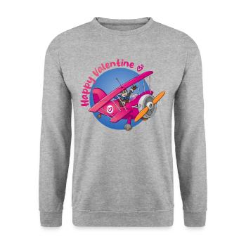 Herzlichen Glückwunsch zum Valentinstag. Pilot im Flugzeug mit Herz - Unisex Pullover - Weißgrau meliert - Vorne - Alina (178cm) & Michal (187cm)
