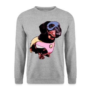 Dackel Superheld - Unisex Pullover - Weißgrau meliert - Vorne - Alina (178cm) & Michal (187cm)