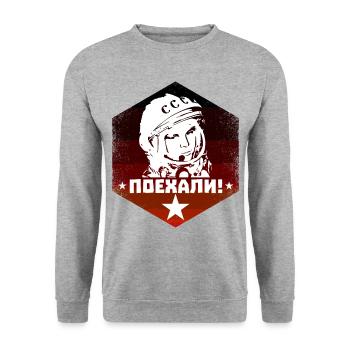 Juri Gagarin - Let's Go - Sowjet Vintage - Unisex Pullover - Weißgrau meliert - Vorne - Alina (178cm) & Michal (187cm)