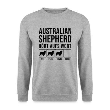 Berger Australien - Écoutez le mot - chien drôle - Sweat-shirt Unisexe - gris chiné - Devant - Alina (178cm) & Michal (187cm)