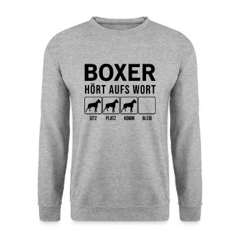 Boxer - Hört aufs Wort - lustiges Hunde Geschenk - Unisex Pullover - Weißgrau meliert - Vorne - Alina (178cm) & Michal (187cm)